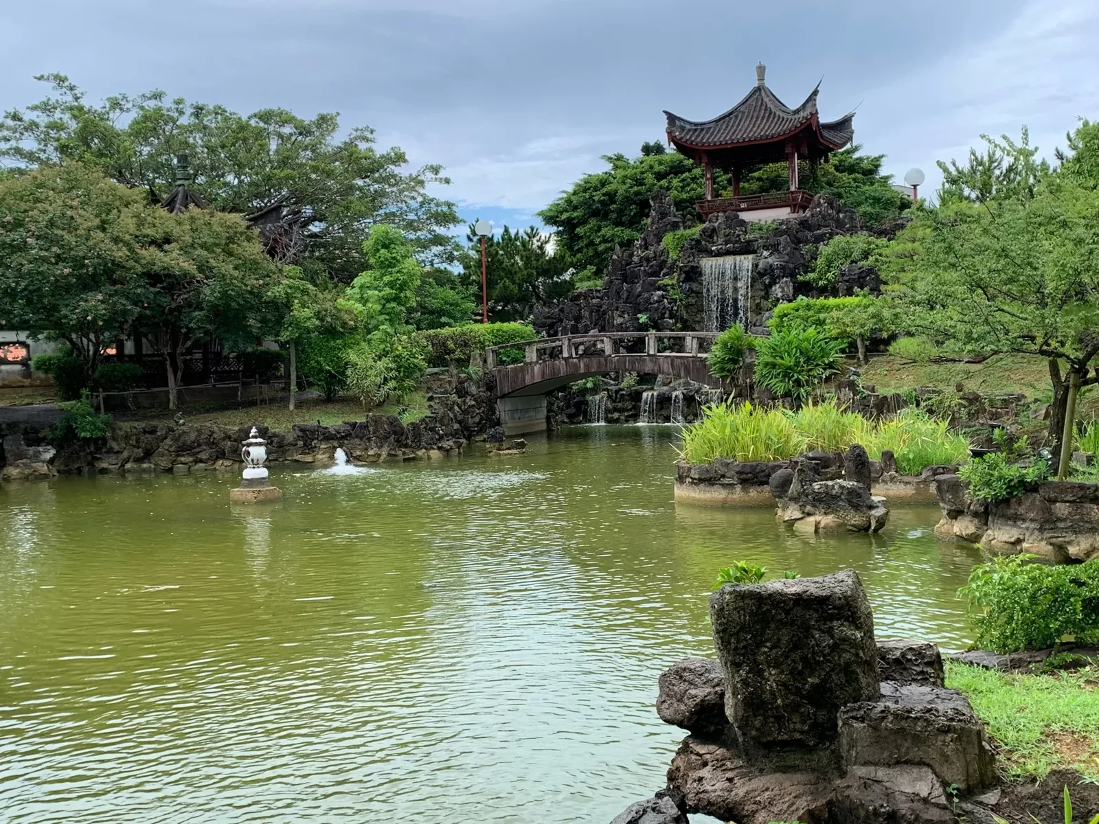 The pond and pavilion at Fukushuen, a Chinese garden in central Naha