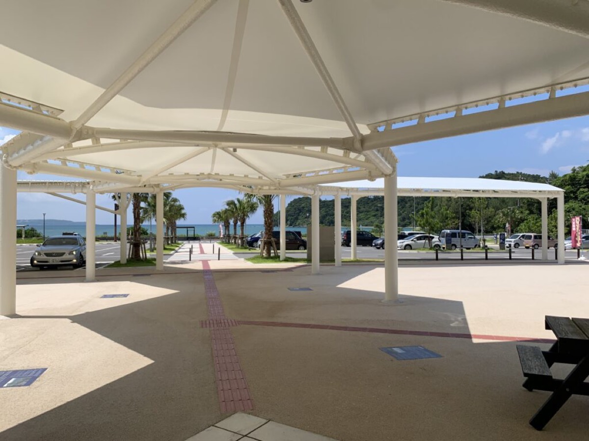 The East China Sea seen from the covered plaza at Michi-no-Eki Ogimi