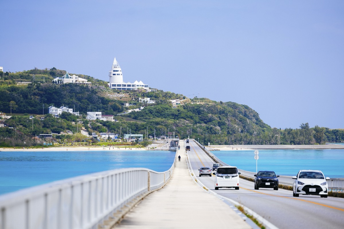 Kouri Bridge crossing turquoise water in northern Okinawa