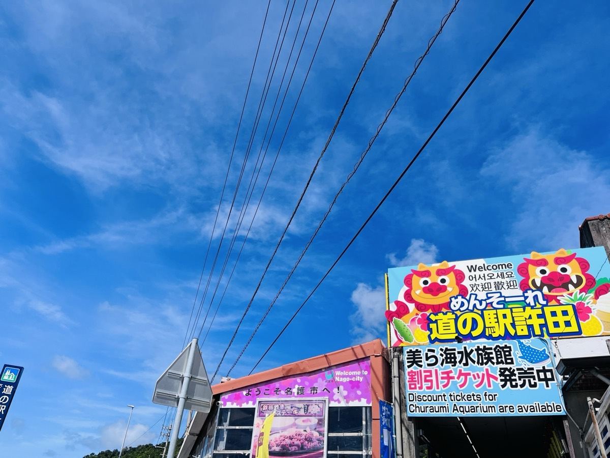 「美ら海水族館 割引チケット発売中」の看板が出た道の駅許田