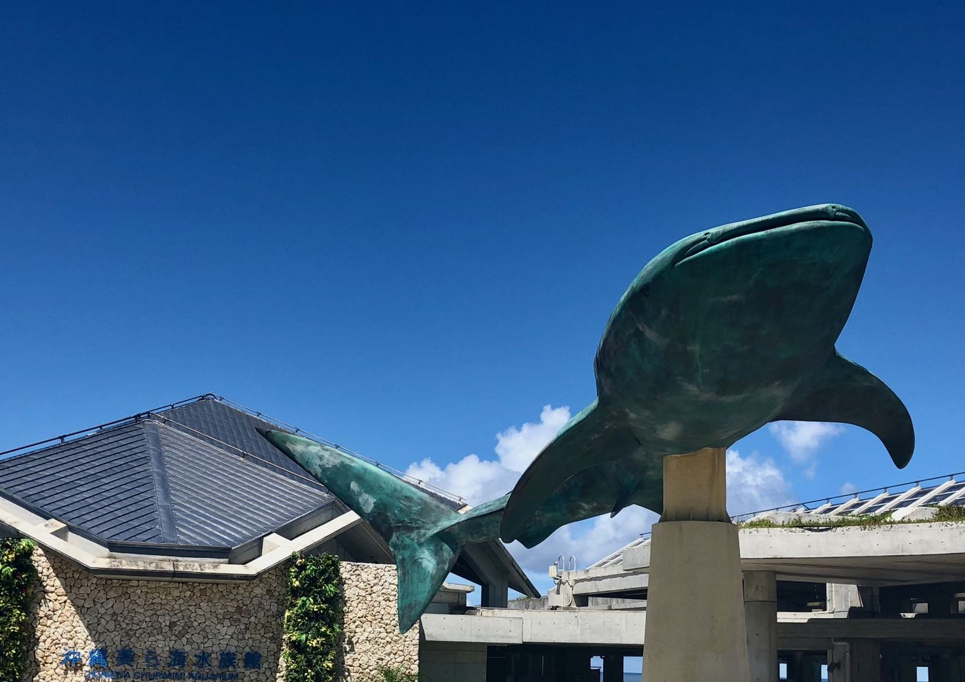 沖縄美ら海水族館の外観とジンベエザメのモニュメント